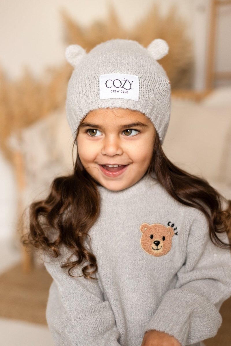 COZY Knitted Bear Beanie Hat Grey