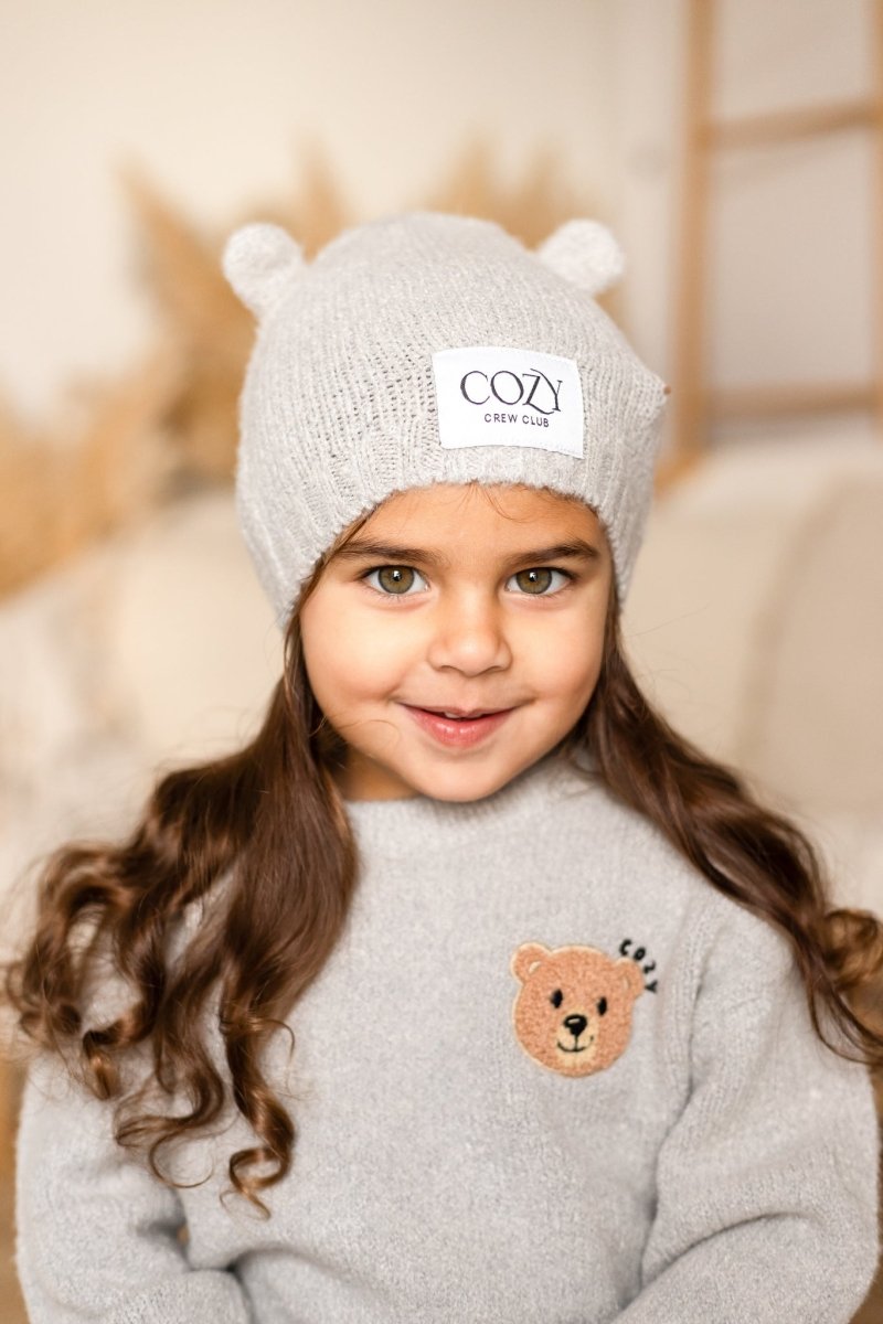 COZY Knitted Bear Beanie Hat Grey