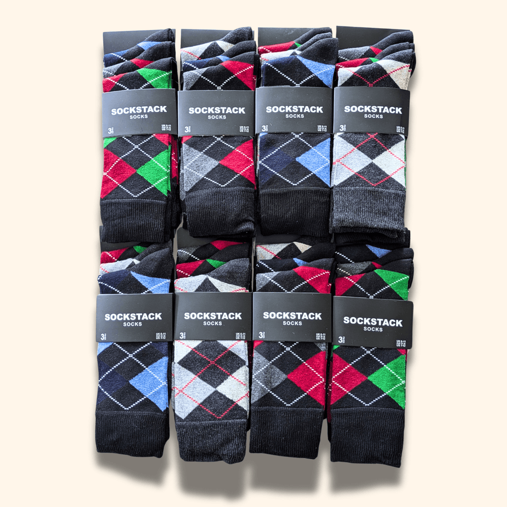 Sock Stack 24 Pairs Men's Cotton Colourful Heel Toe Black Argyle Diamond Easycare