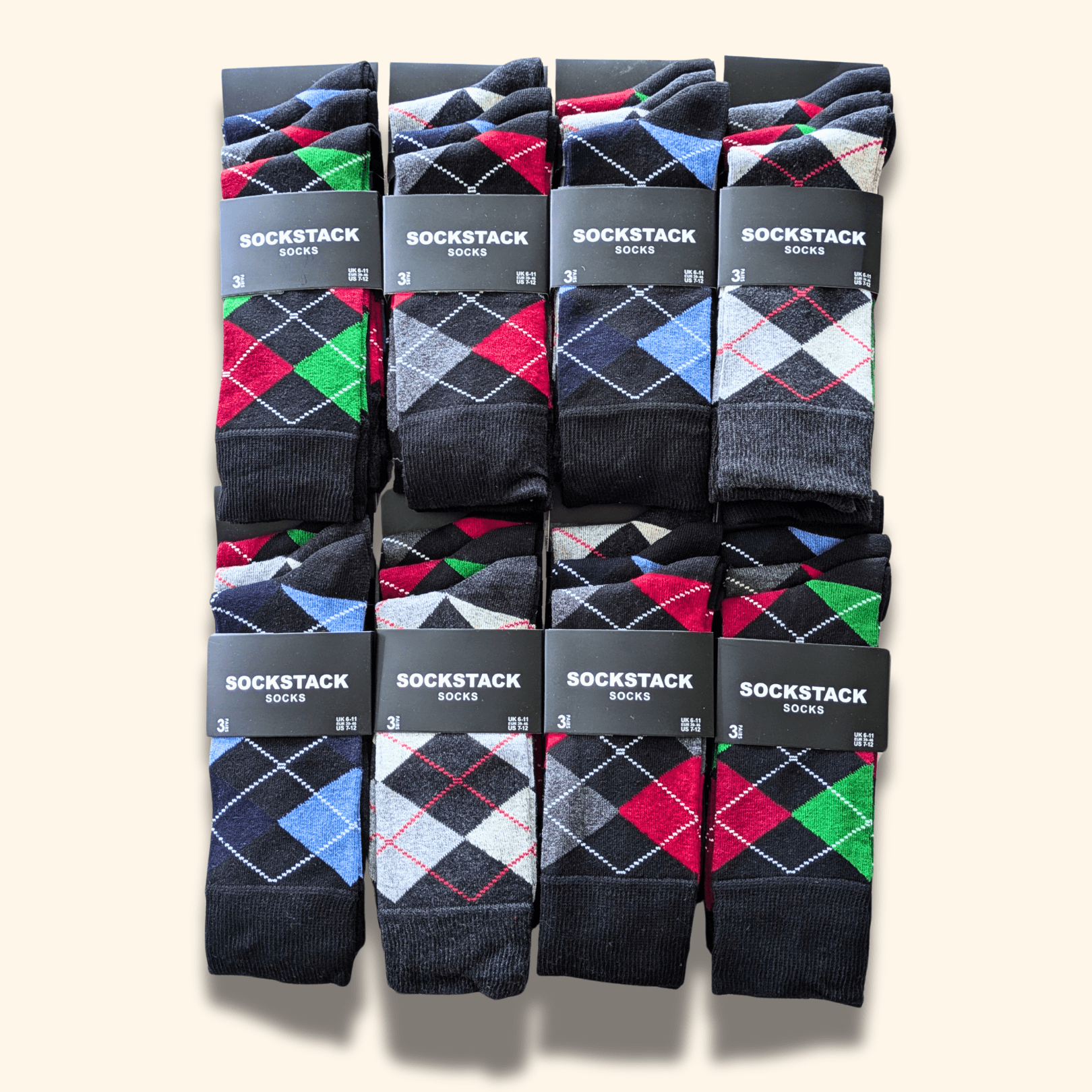 Sock Stack 24 Pairs Men's Cotton Colourful Heel Toe Black Argyle Diamond Easycare