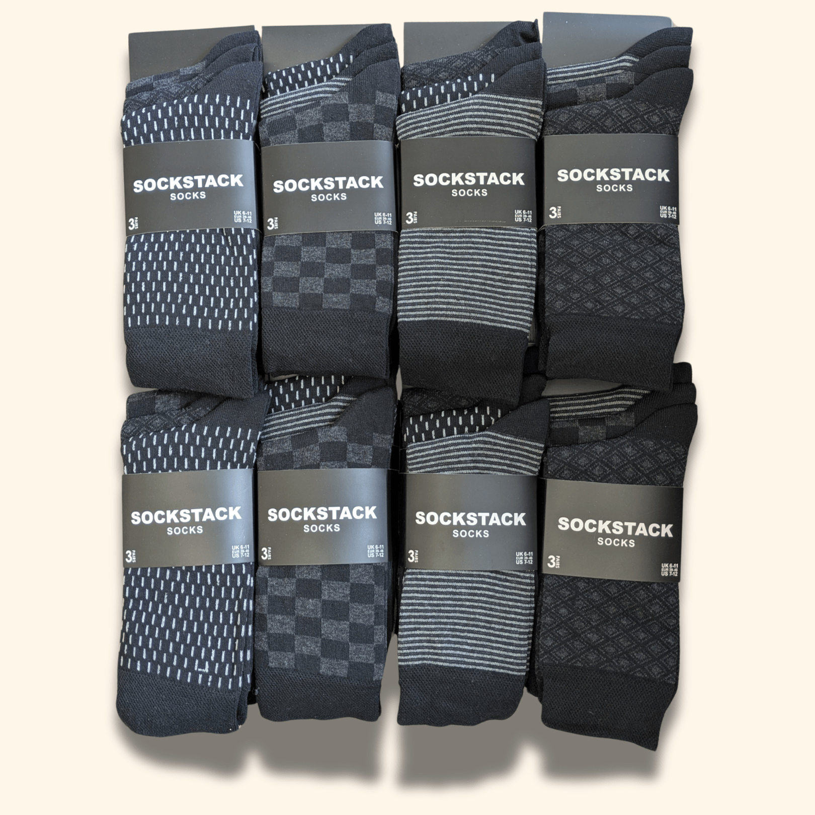 Sock Stack 24 Pairs Men's Cotton Colourful Heel Toe Black Argyle Diamond Easycare