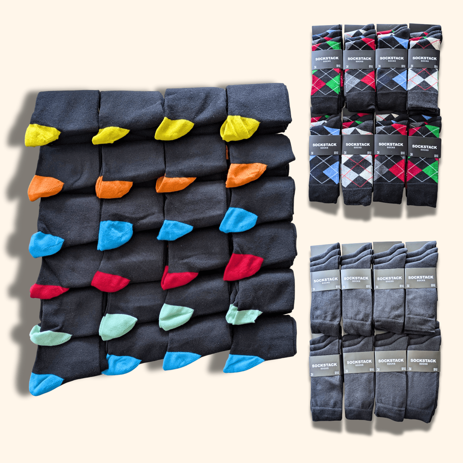 Sock Stack 24 Pairs Men's Cotton Colourful Heel Toe Black Argyle Diamond Easycare