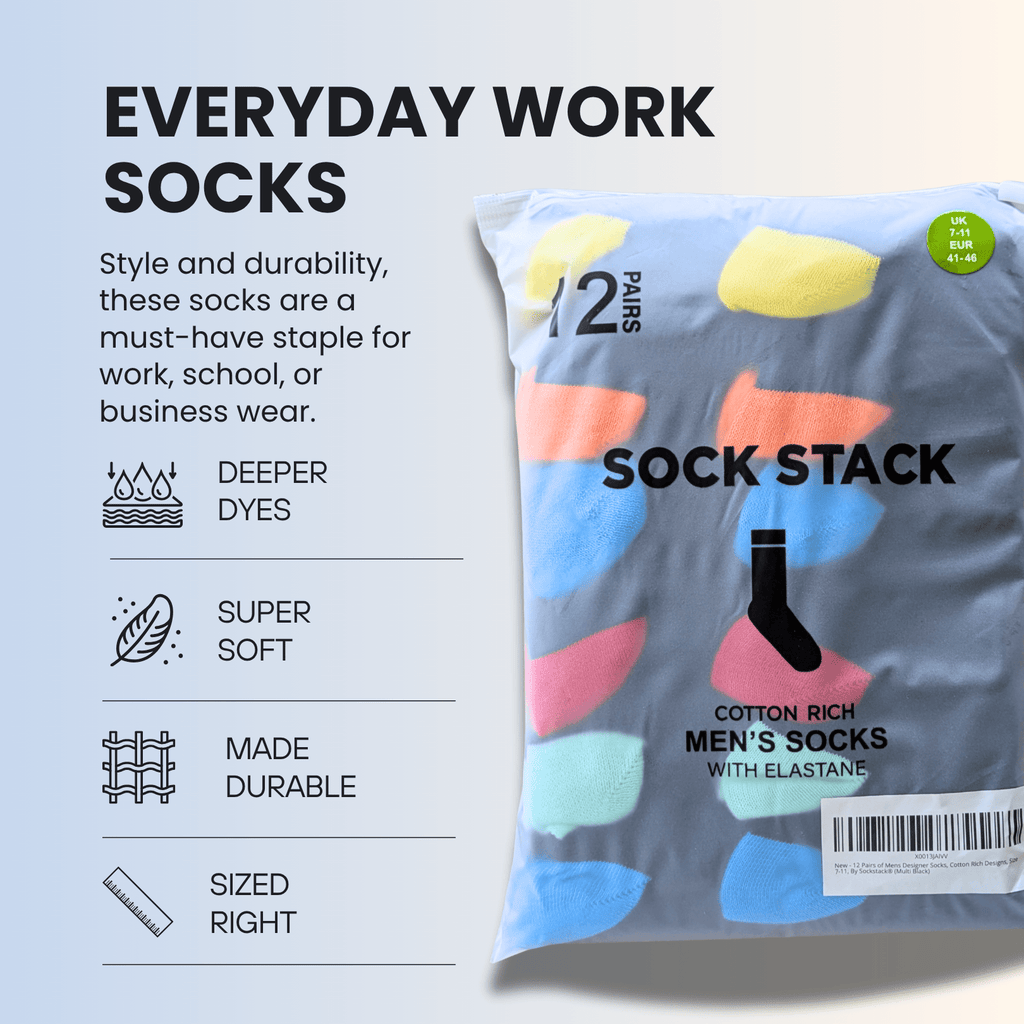 Sock Stack 24 Pairs Men's Cotton Colourful Heel Toe Black Argyle Diamond Easycare