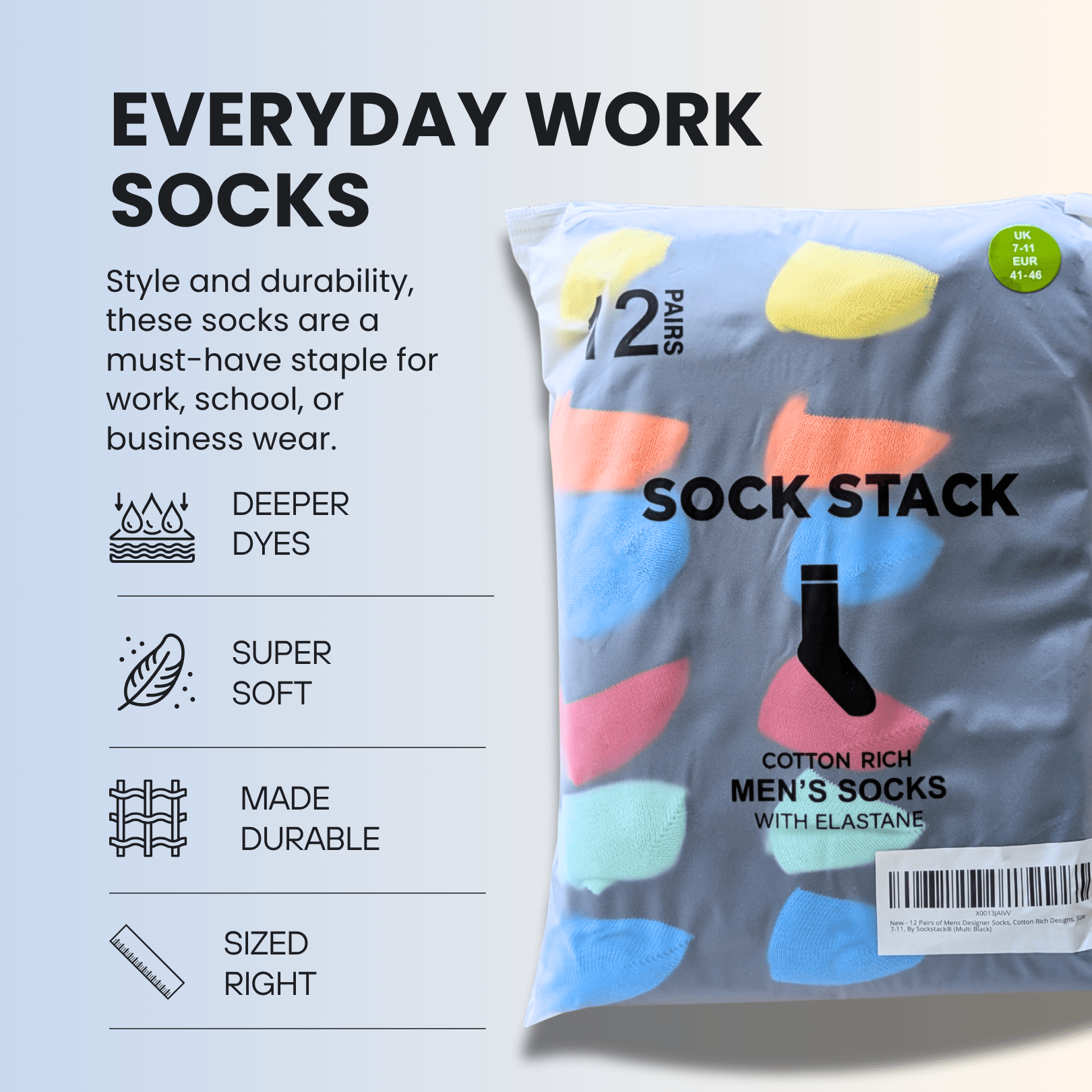 Sock Stack 24 Pairs Men's Cotton Colourful Heel Toe Black Argyle Diamond Easycare