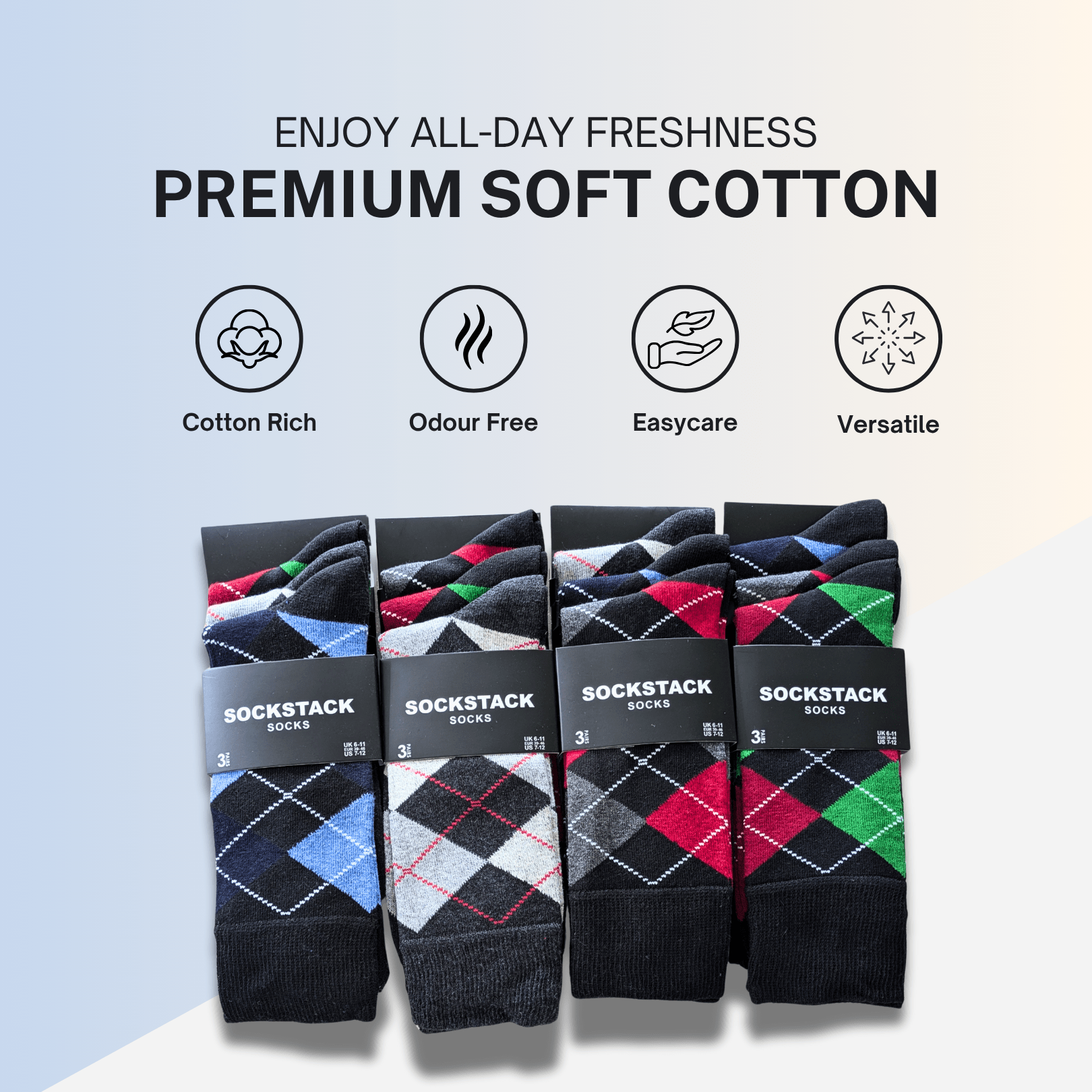 Sock Stack 24 Pairs Men's Cotton Colourful Heel Toe Black Argyle Diamond Easycare