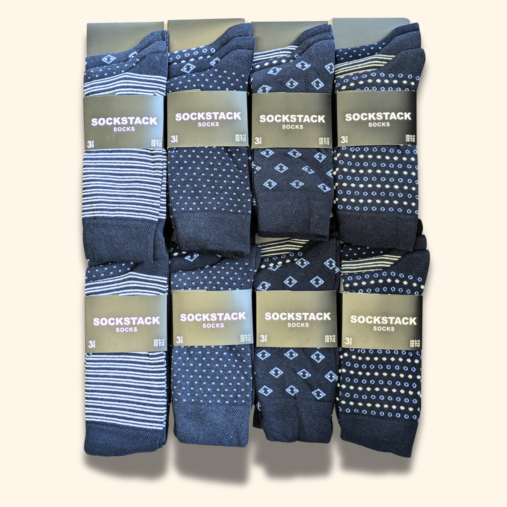 Sock Stack 24 Pairs Men's Cotton Colourful Heel Toe Black Argyle Diamond Easycare