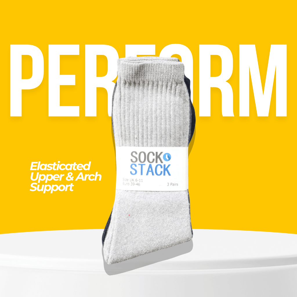 Sock Stack 30 Pairs Mens Cotton Rich Performance Sport Socks UK 6-11 Black Grey White Reinforced Heel Toe Multipack Value