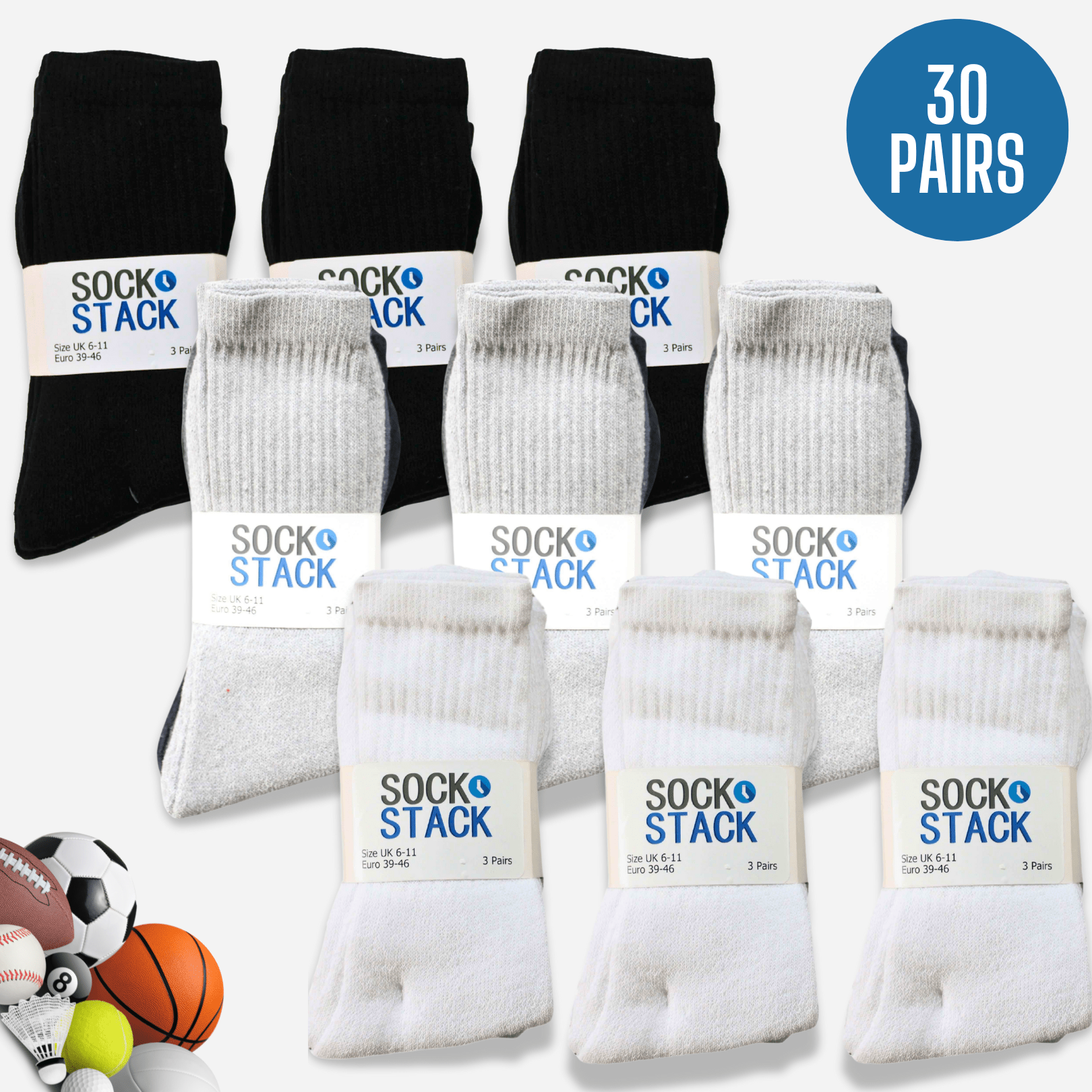 Sock Stack 30 Pairs Mens Cotton Rich Performance Sport Socks UK 6-11 Black Grey White Reinforced Heel Toe Multipack Value