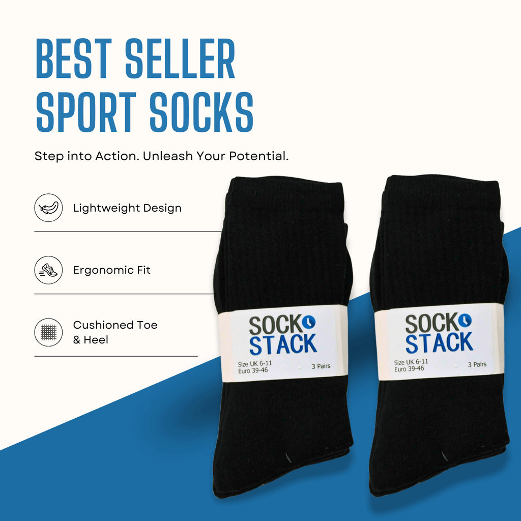 Sock Stack 30 Pairs Mens Cotton Rich Performance Sport Socks UK 6-11 Black Grey White Reinforced Heel Toe Multipack Value