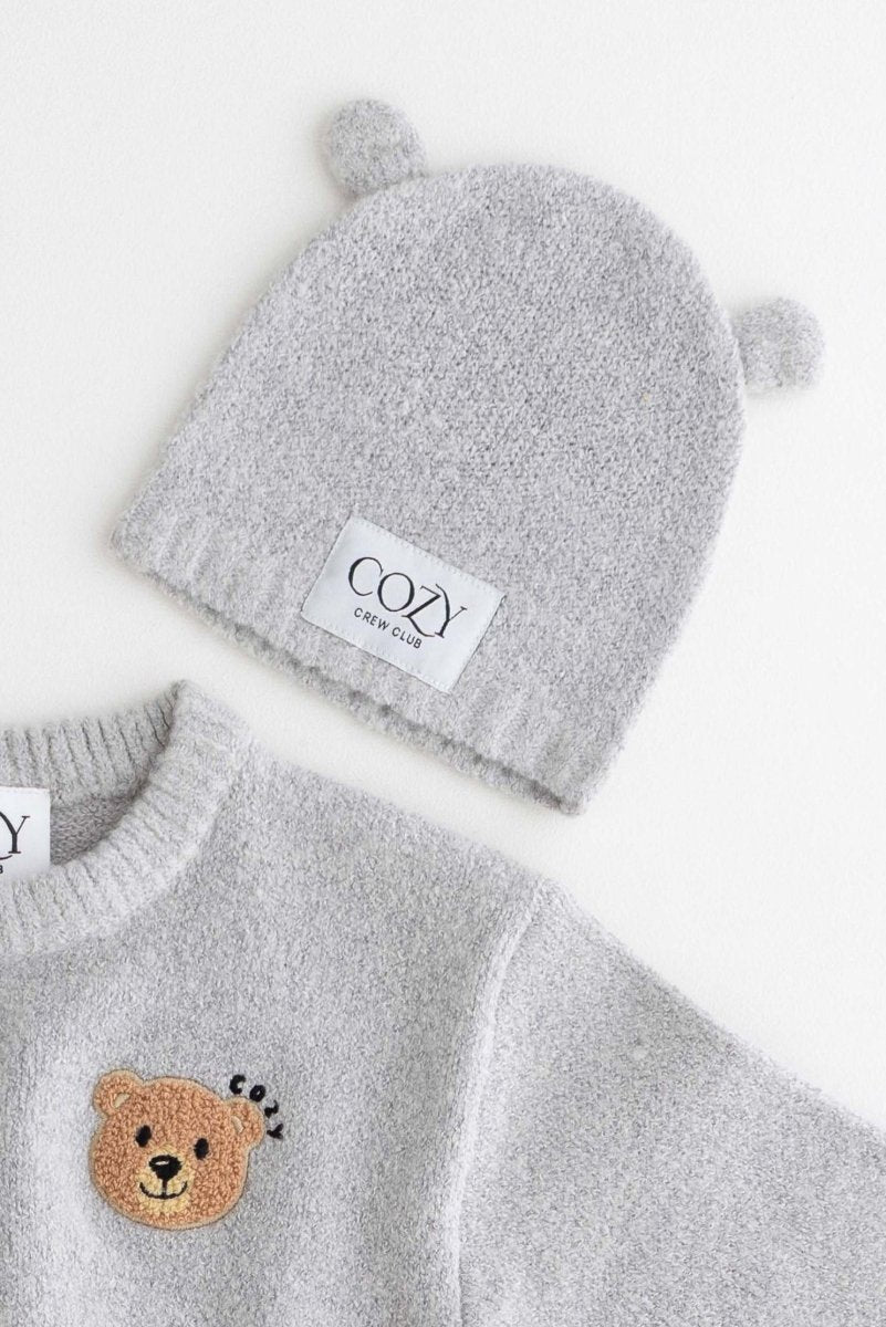 COZY Knitted Bear Beanie Hat Grey