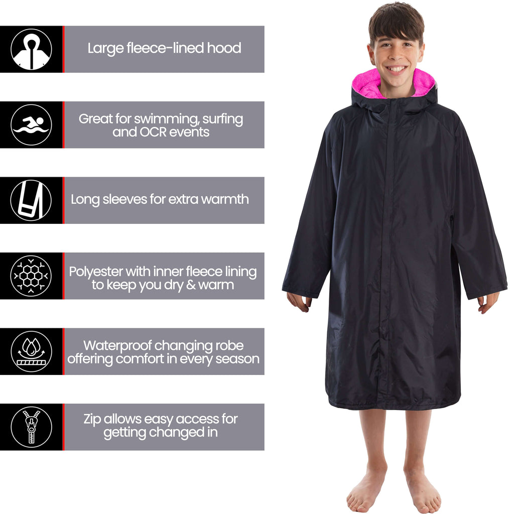 Heatwave Thermalwear Changing Robe Kids Unisex Hooded Coat Black Pink Windproof Winter Warm Brushed Base Layer