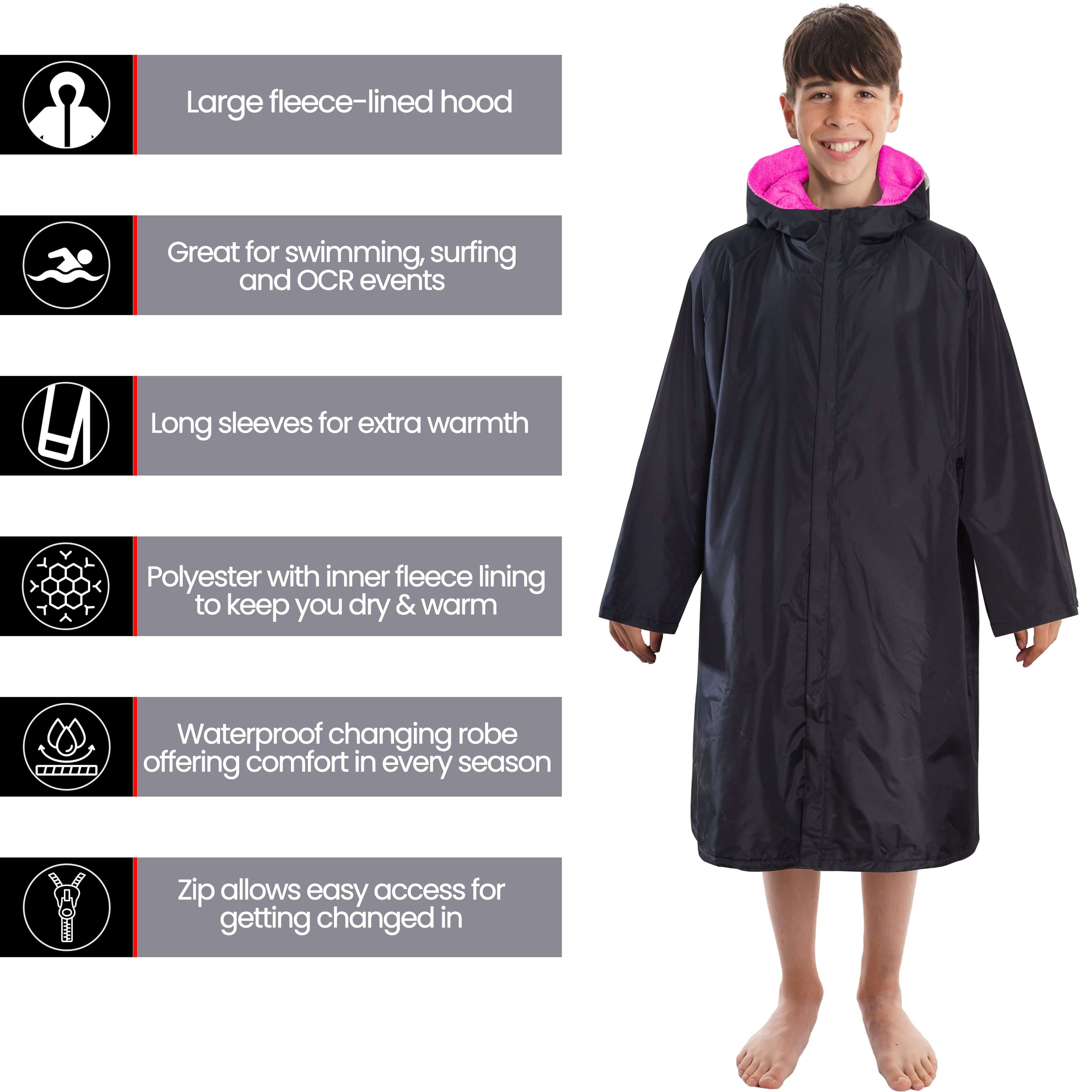 Heatwave Thermalwear Changing Robe Kids Unisex Hooded Coat Black Pink Windproof Winter Warm Brushed Base Layer