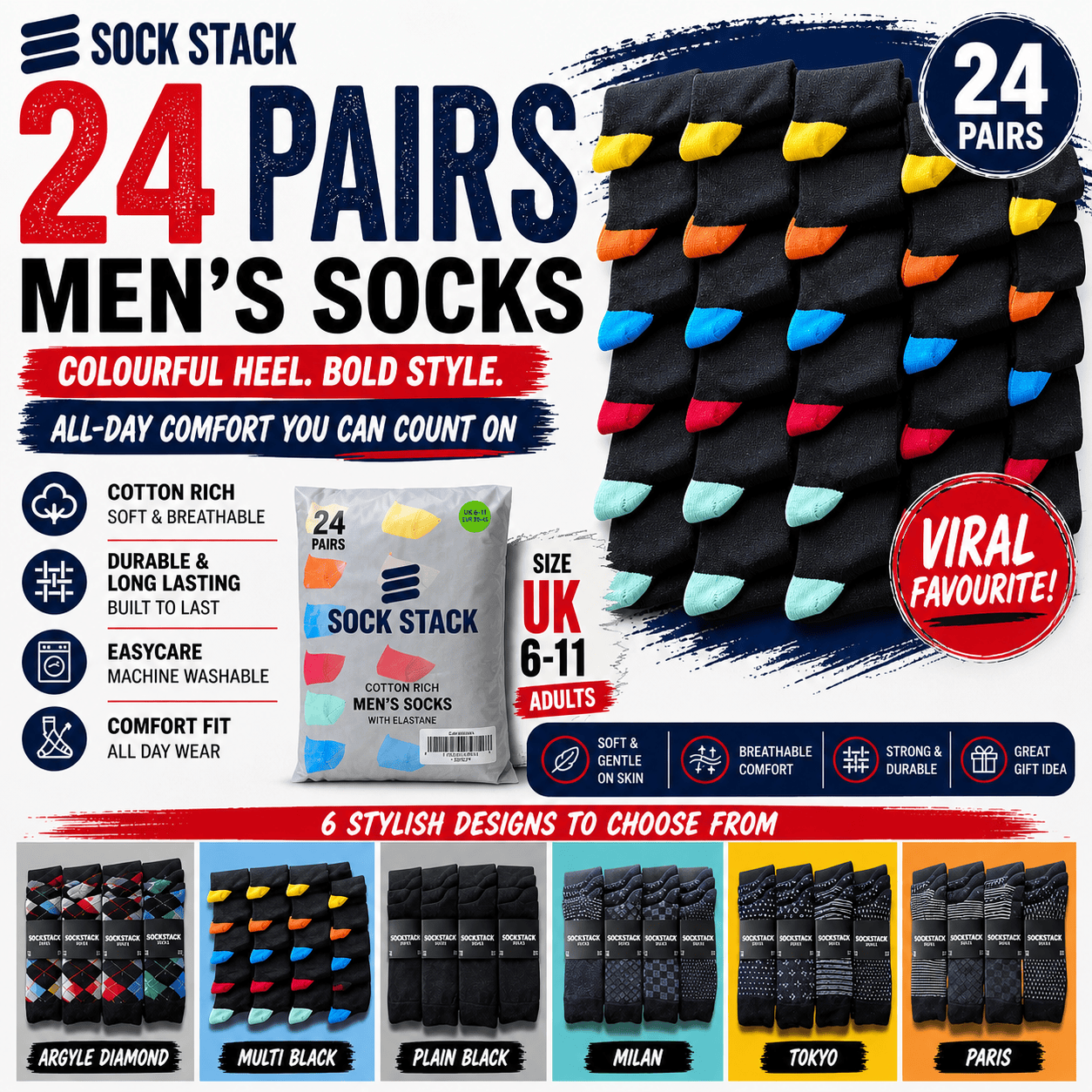 Sock Stack 24 Pairs Men's Cotton Colourful Heel Toe Black Argyle Diamond Easycare