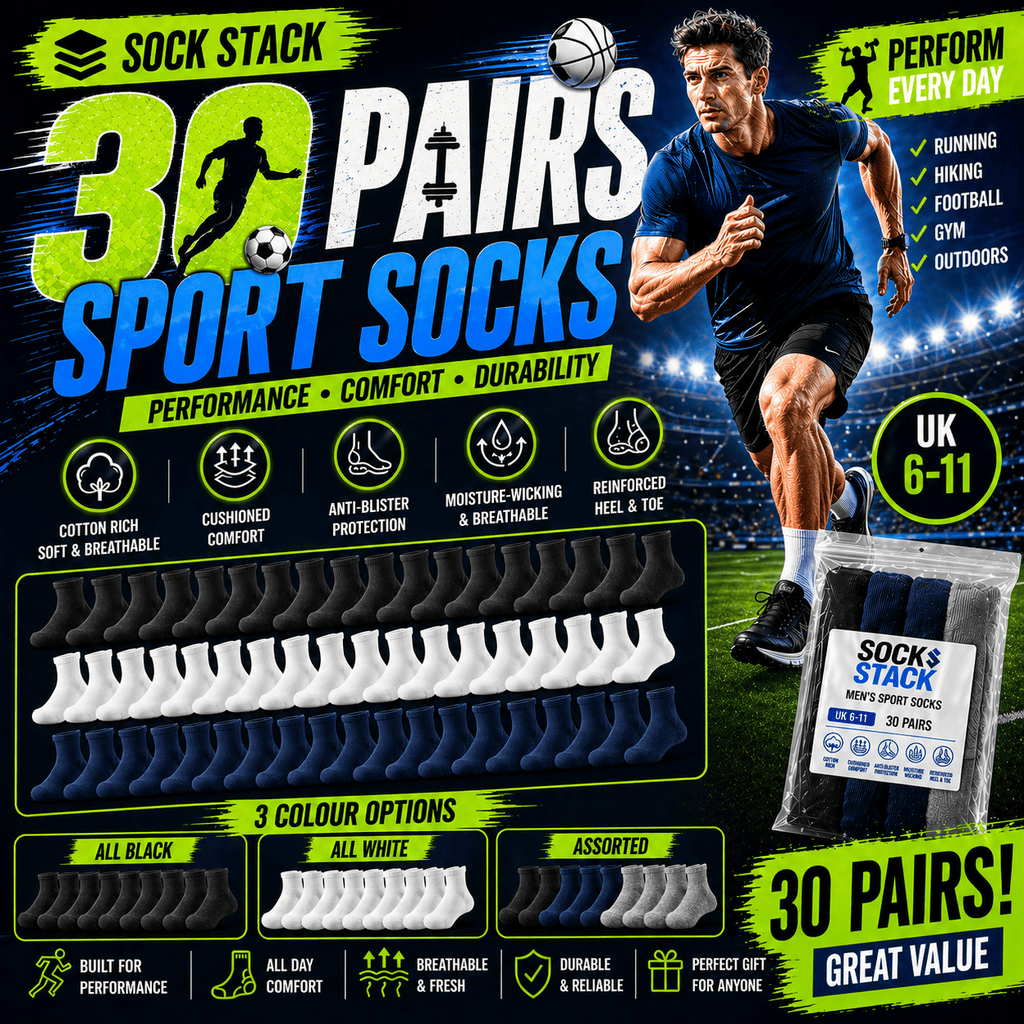 Sock Stack 30 Pairs Mens Cotton Rich Performance Sport Socks UK 6-11 Black Grey White Reinforced Heel Toe Multipack Value