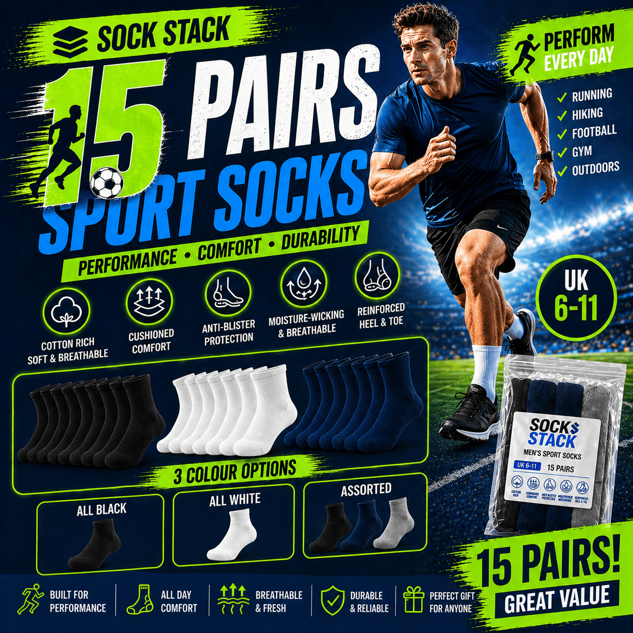 Sock Stack Mens Cotton Rich Performance Sport Socks 15 Pairs UK 6-11 Black Grey White Comfort Cuff Everyday Wear
