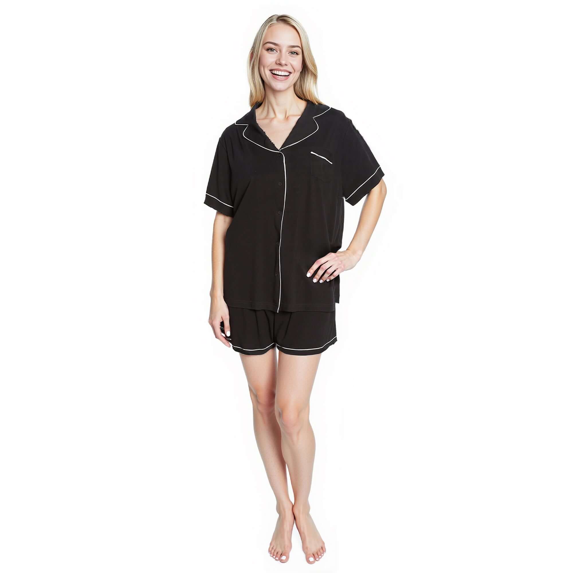 Daisy Dreamer Women's Black Short Pyjama Set Super Soft Sleepwear with Button Up Top