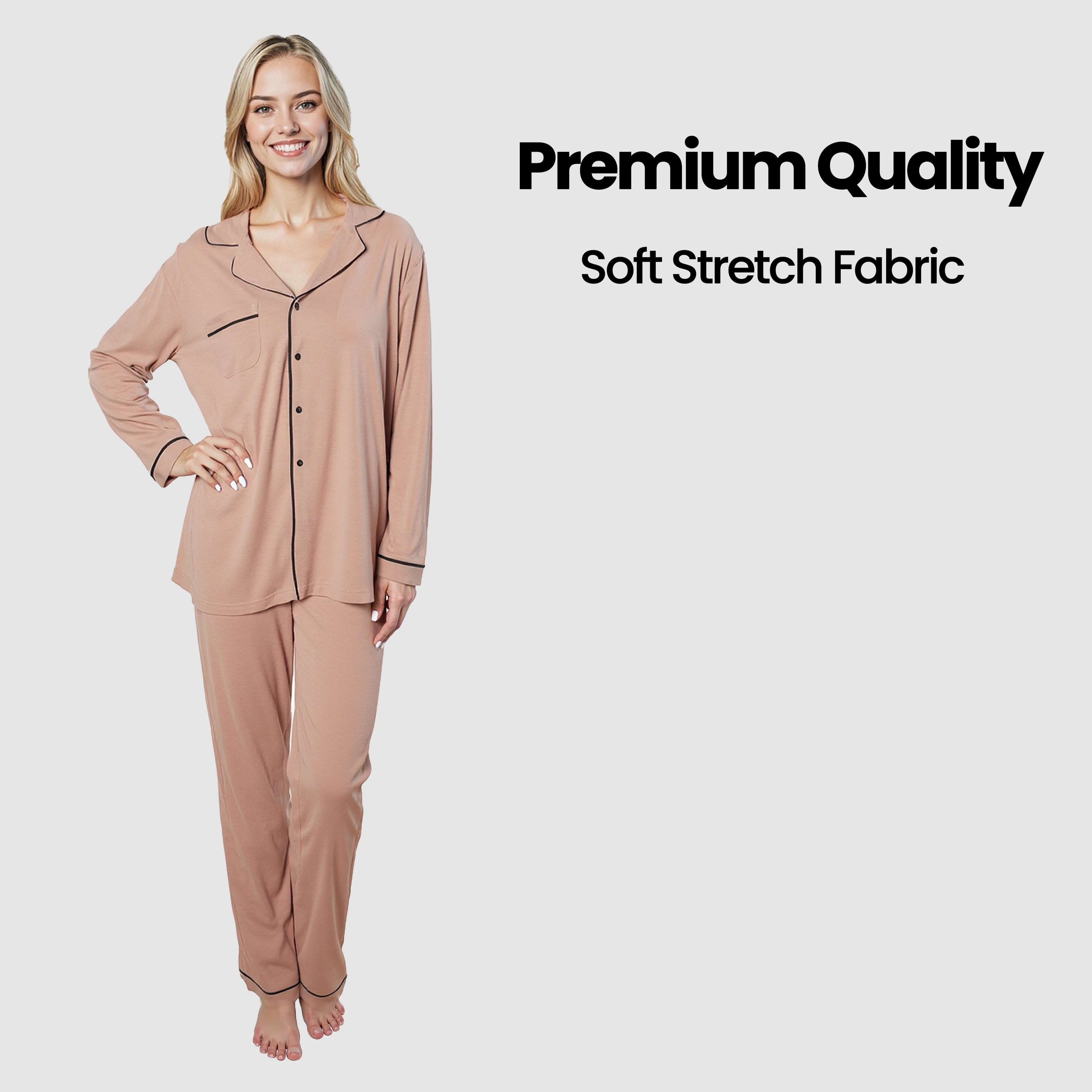 Daisy Dreamer Womens Natural Pyjama Set Soft Touch Fabric Long Sleeve Top Easy Care
